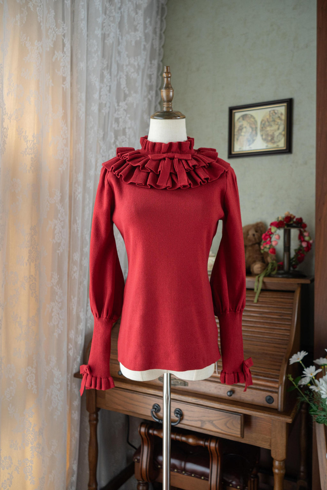 Miaoplus~Sweet Lolita Knit Sweater Long Sleeve Winter Lolita Top Red S 