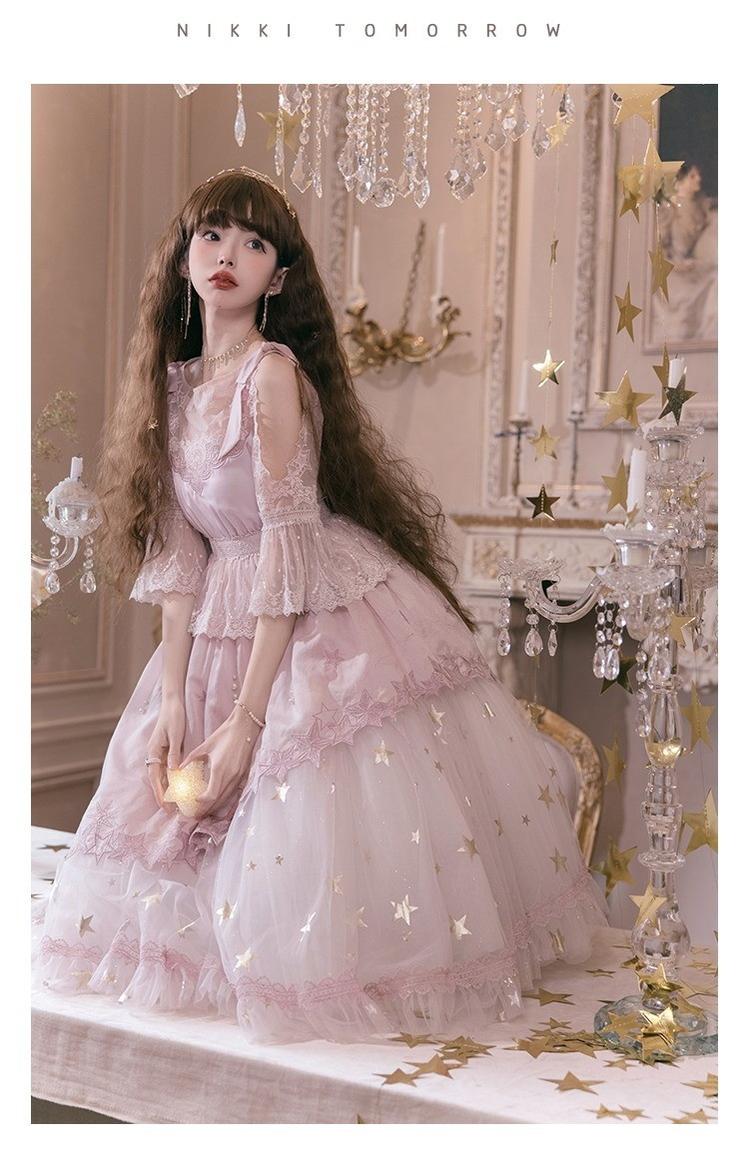 Nikki Tomorrow~Stars Descending~Pink Classic Lolita OP Mesh Embroidery Dress