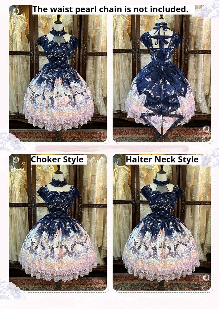 The Sea of Dreams - Halter Neck Sweet Lolita JSK Dress JSK + Choker Neck (without back bow trailing) S Navy Blue
