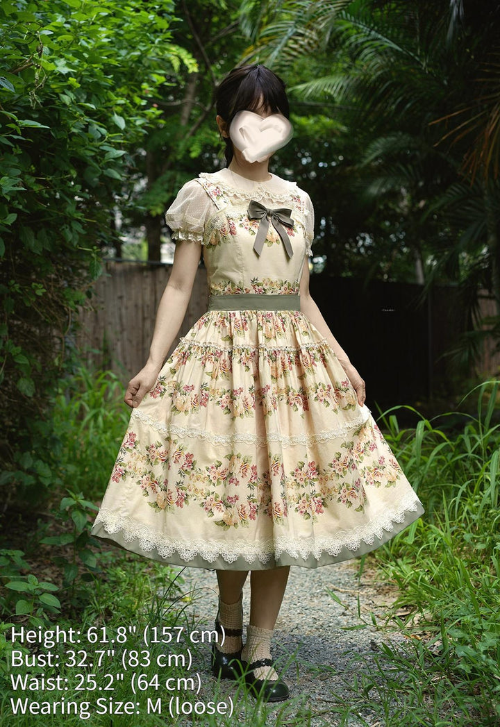 Surface Spell - Blooming Roses Over a Porch - Cotton Elegant Lolita JSK Dress, Floral Print