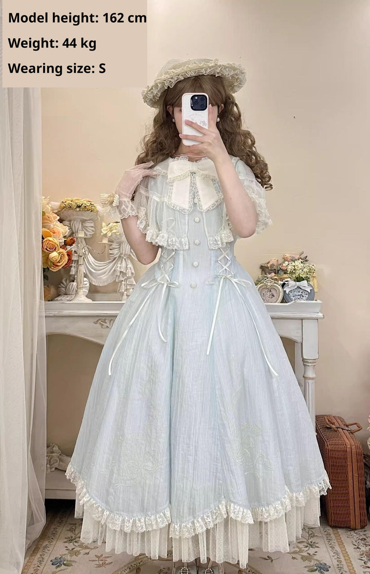Kuma~Little Wind Chime~Elegant Lolita OP Water Blue Dress With Decorative Tulle Cape