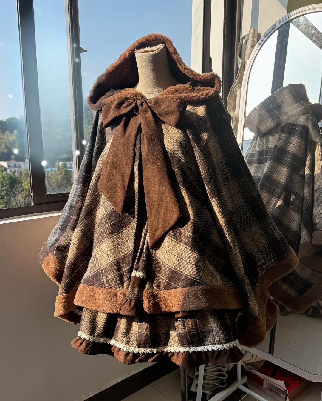 Qianmu~Waffle~Kawaii Lolita Cape Daily Lolita Plaid Hoodie Cloak Brown cape only