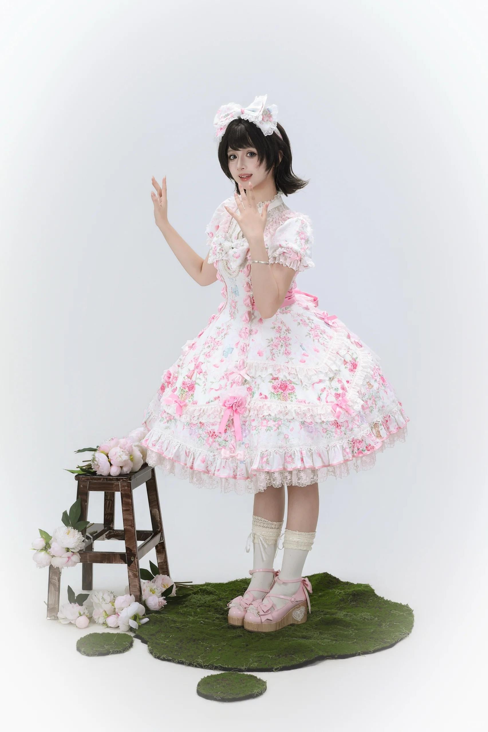 Eternal Vow - Old School Lolita Jacquard OP, Floral and Butterfly Print 45830:865735