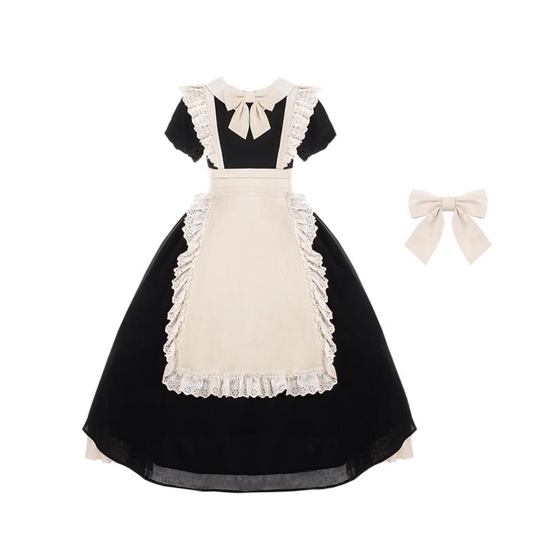 With PUJI~Kiss Kiss~Vintage Lolita OP Dress Maid Lolita Apron Dress Black long op S 