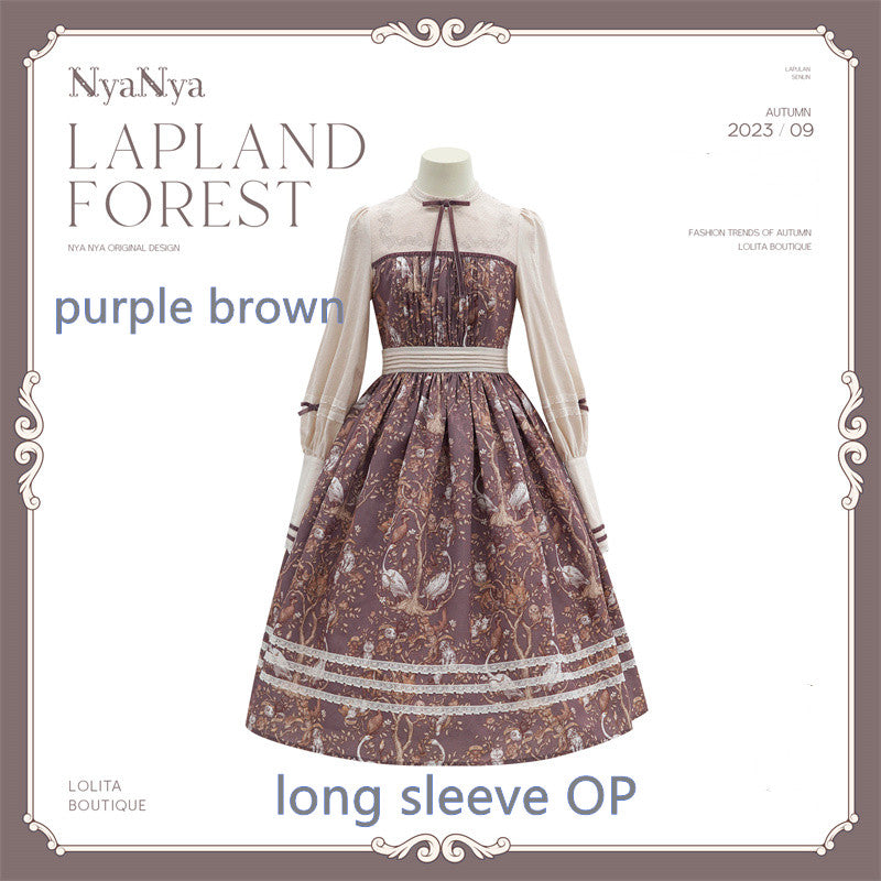 (Buyforme)NyaNya~ Lapland Forest~ Lolita Elegant Vintage Floral JSK OP Dress Pre-order (4-5 months before shipping ) Free size long sleeve OP-purple brown ( with pockets on 2 sides)