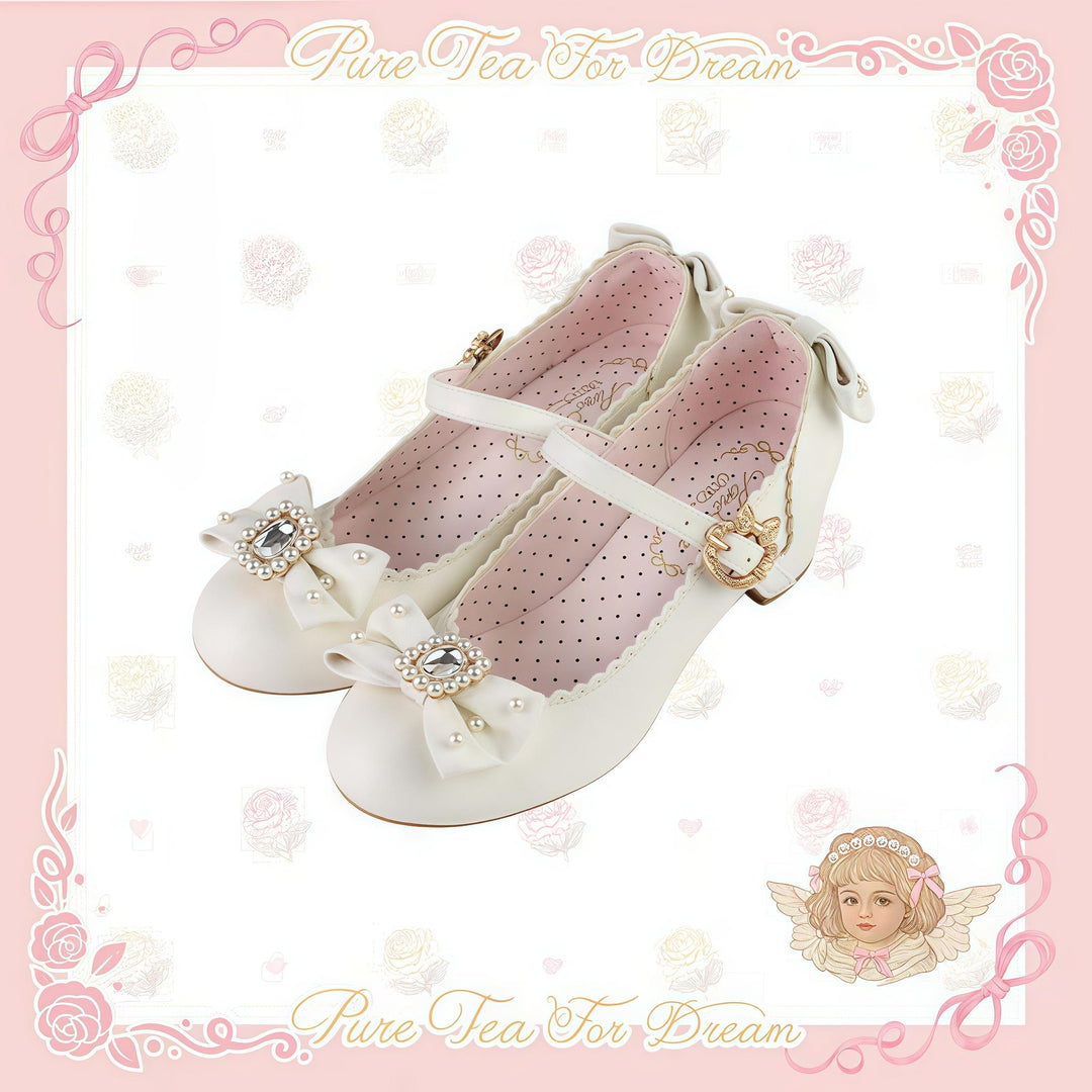 Pure Tea For Dream~Vintage Gemstone~Sweet Lolita Shoes Round Toe Heels with Bow Milky white 35