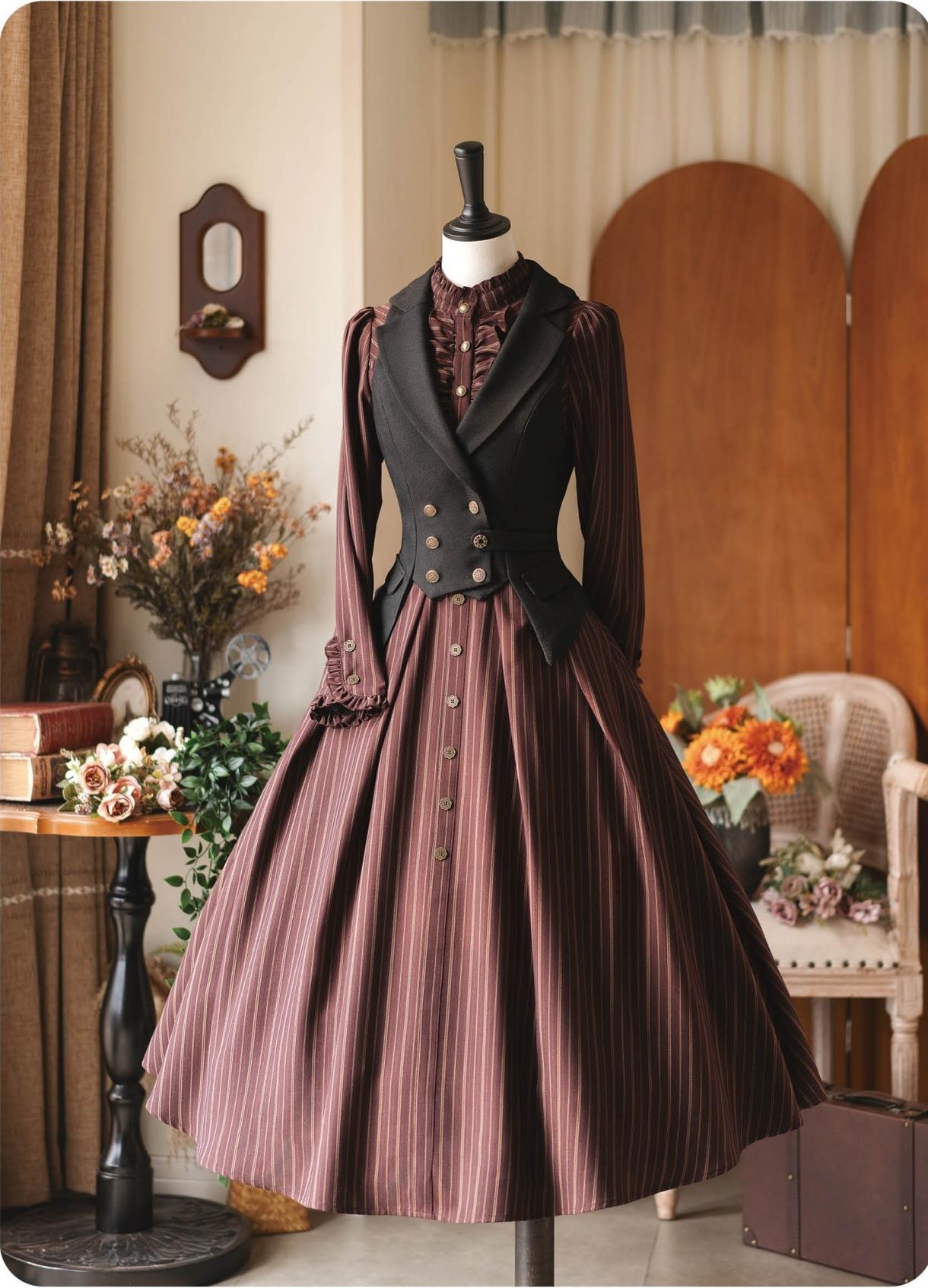 Forest Castle - Classic Lolita Long Striped Dress, Irregular Hem Vest 44441:809863