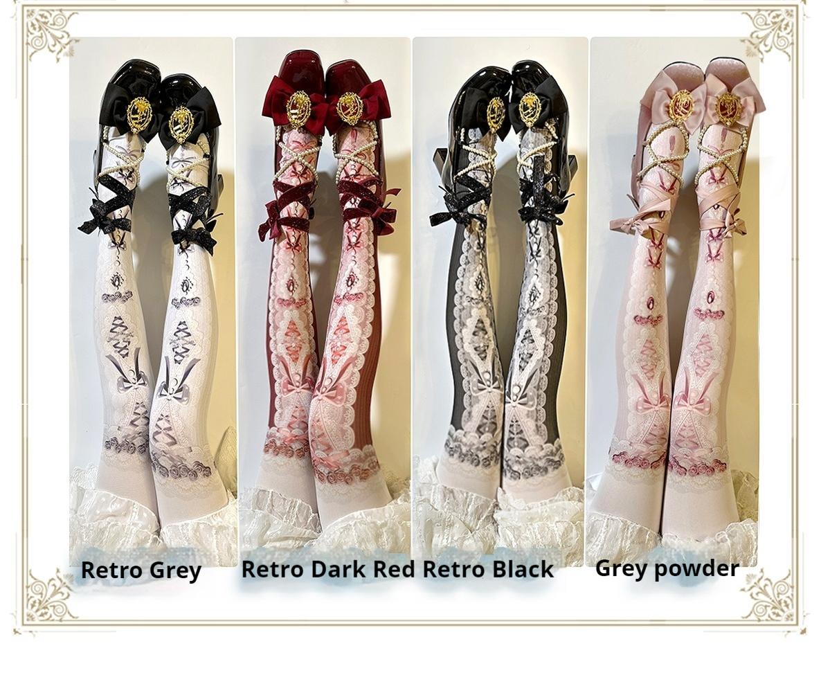 Red Maria~Classic Lolita Tights Baroque Pearl Printed Lolita Pantyhose 34236:641256