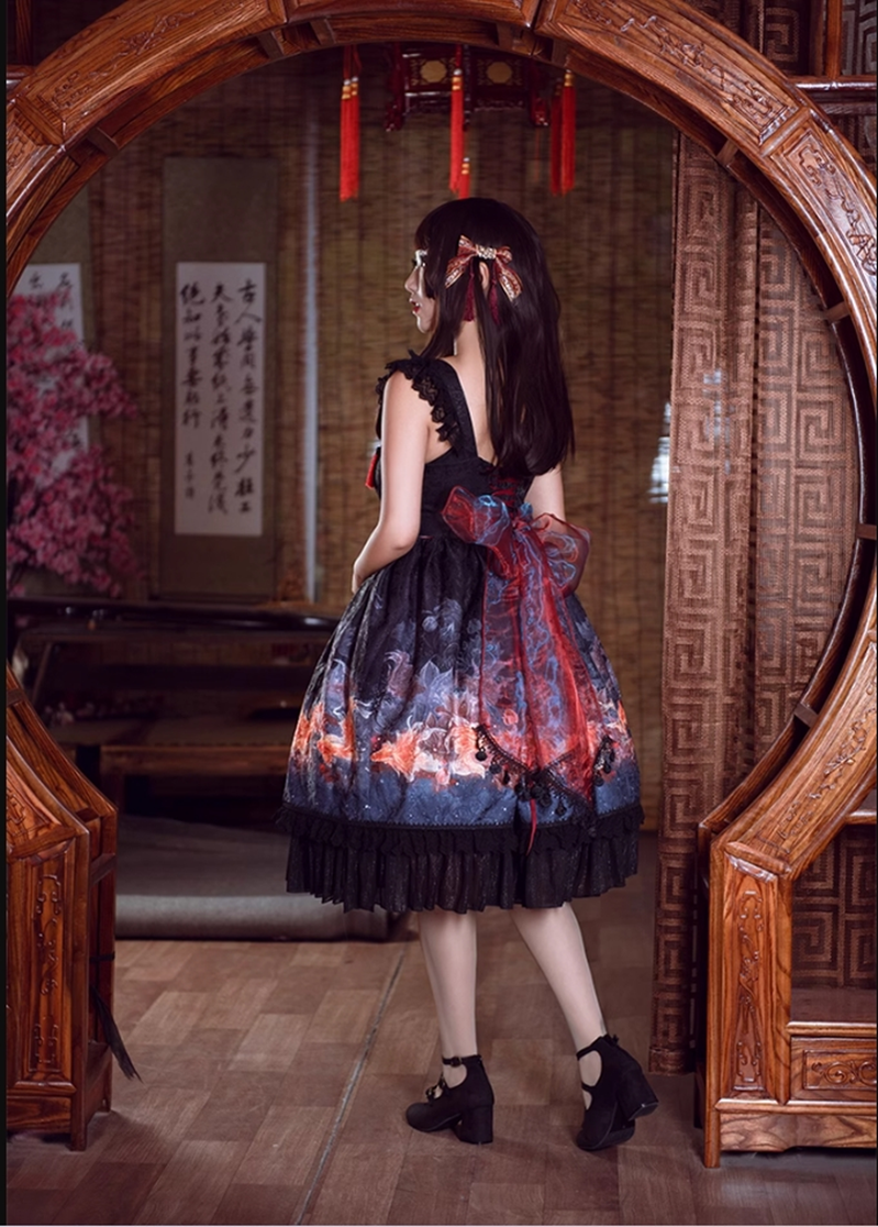 (BFM)EdenLost~Black JSK Chinese Style Lolita Goldfish Jumper Skirt   