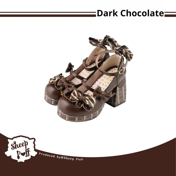 Sheep Puff~Layered Pastry~Sweet Lolita High Heel Shoes Chocolate Prints Shoes 35 Dark chocolate