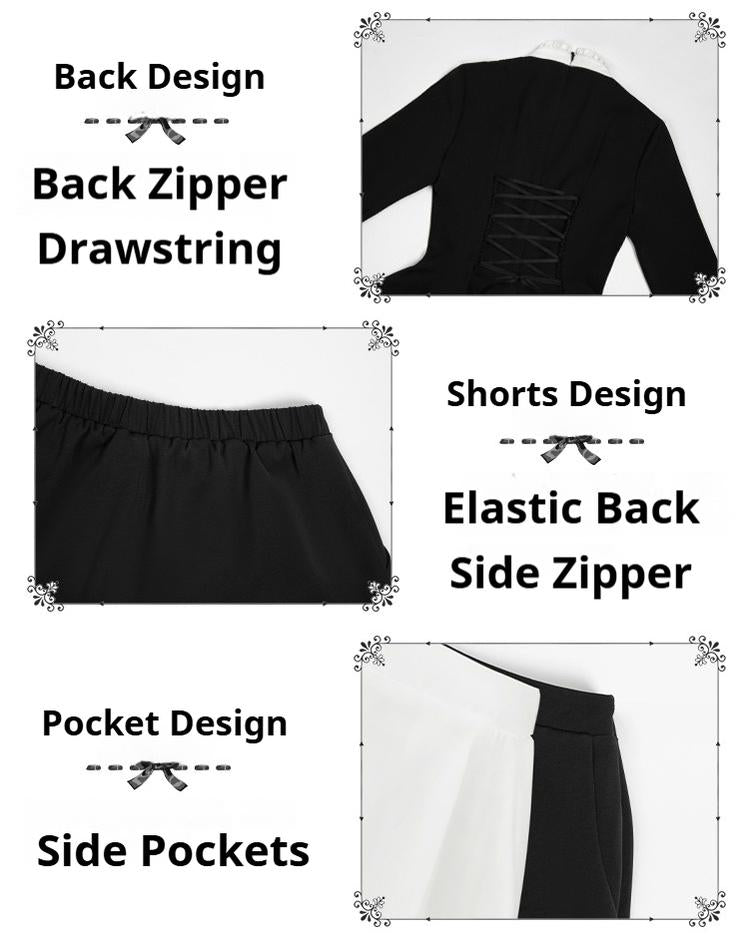 With Puji~Doki~Twin Lolita OP Black/White Goth Dress with Pocketed Shorts 42833:757619