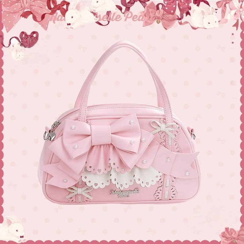 Mademoiselle Pearl~Bow Rabbit~Sweet Lolita Handbag With Bows & Pearls Pink Free size