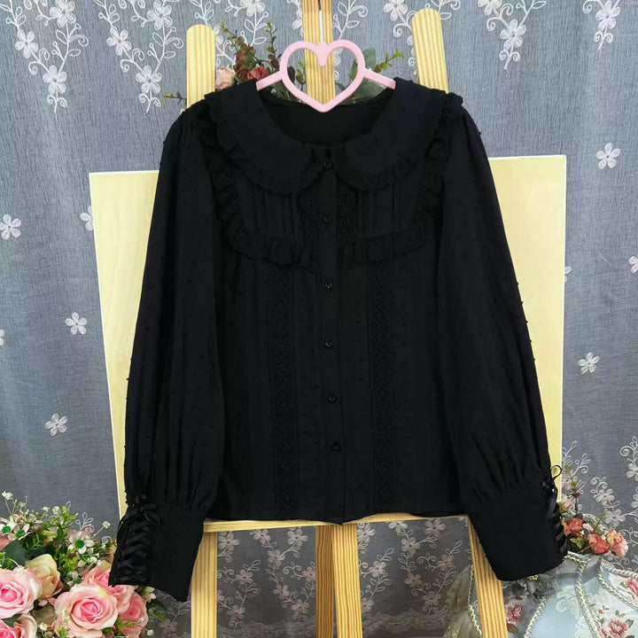 DMFS Lolita~Sweet Lolita Blouse Cotton Summer Short Sleeve Shirt S Black long sleeves - doll collar 