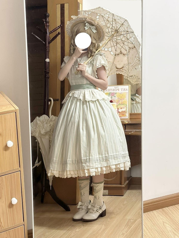 KOMOMO~Little Wild~Country Lolita OP Dress with Rattan Handbag and Hat