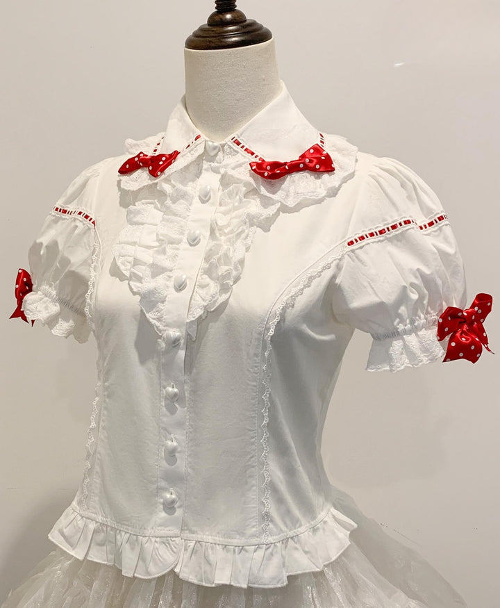 Mengfuzi~Strawberry~Sweet Lolita White Shirt with Detachable Sleeves