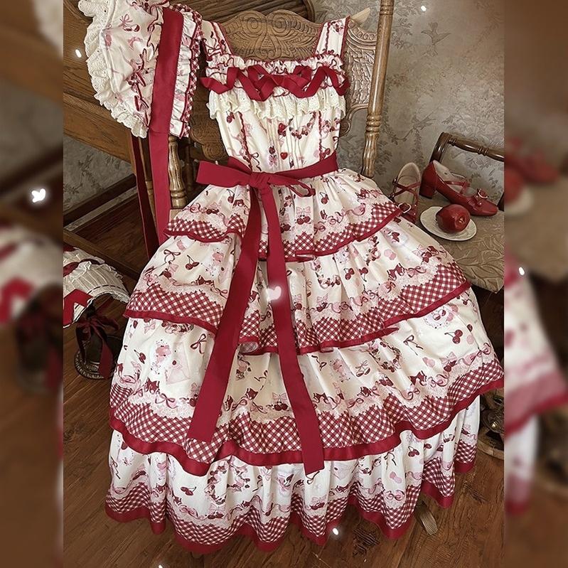 Honey Machine~Ripe Cherry~Country Lolita JSK Dress With Tiered Skirt and Cherry Print