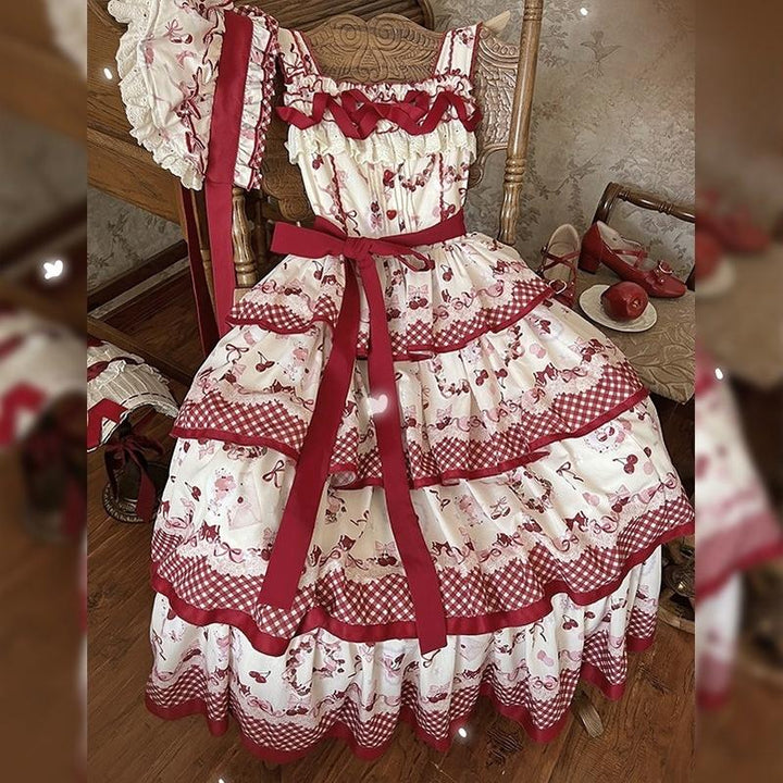 Honey Machine~Ripe Cherry~Country Lolita JSK Dress With Tiered Skirt and Cherry Print