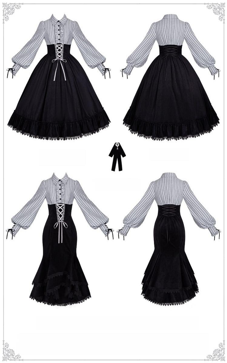 Dusk Moment - Classic Lolita Striped OP & Mermaid Dress Set, Fishbone Waist 44498:810762