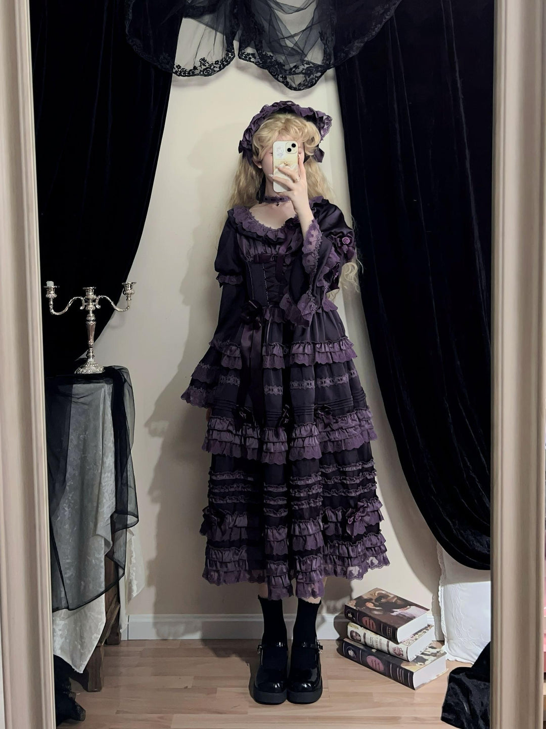 Uncle Wall Original~Stacked Black Currant~Gothic Lolita OP Dark Adjustable Lolita Dress   