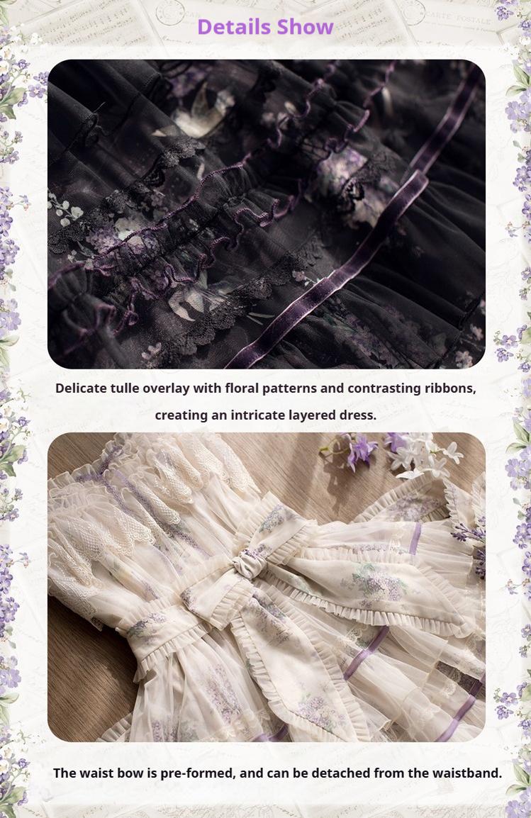 Avenue Denfer~Floral Veil~Elegant Lolita JSK Suit Floral Print Dress and Tulle Shawl 42393:738783