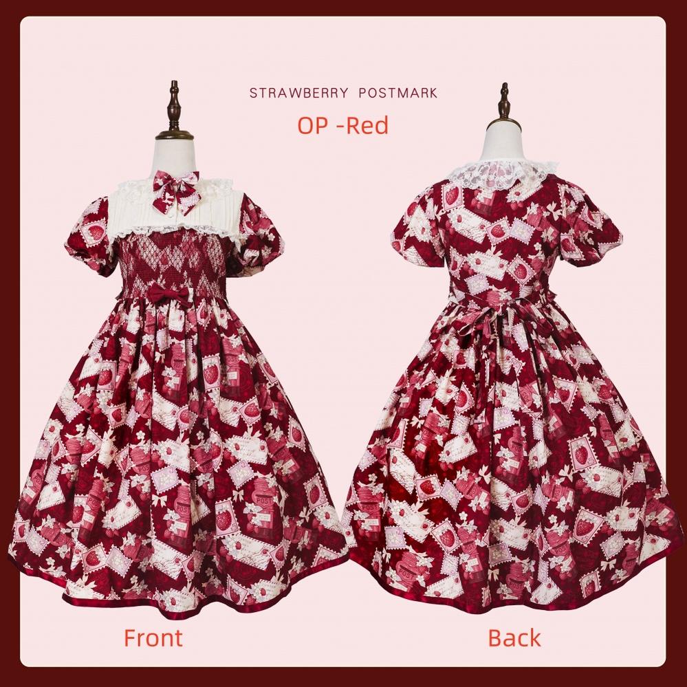 Strawberry Witch~Strawberry Stamp~Sweet Lolita OP Short Sleeve Lolita Dress S Wine red short OP