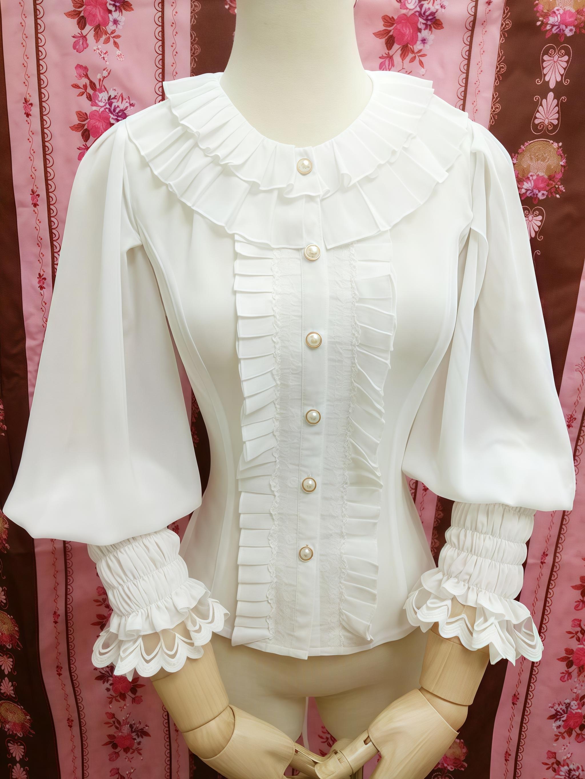 Yilia - Classic Lolita Chiffon Blouse, Bishop Sleeves White M