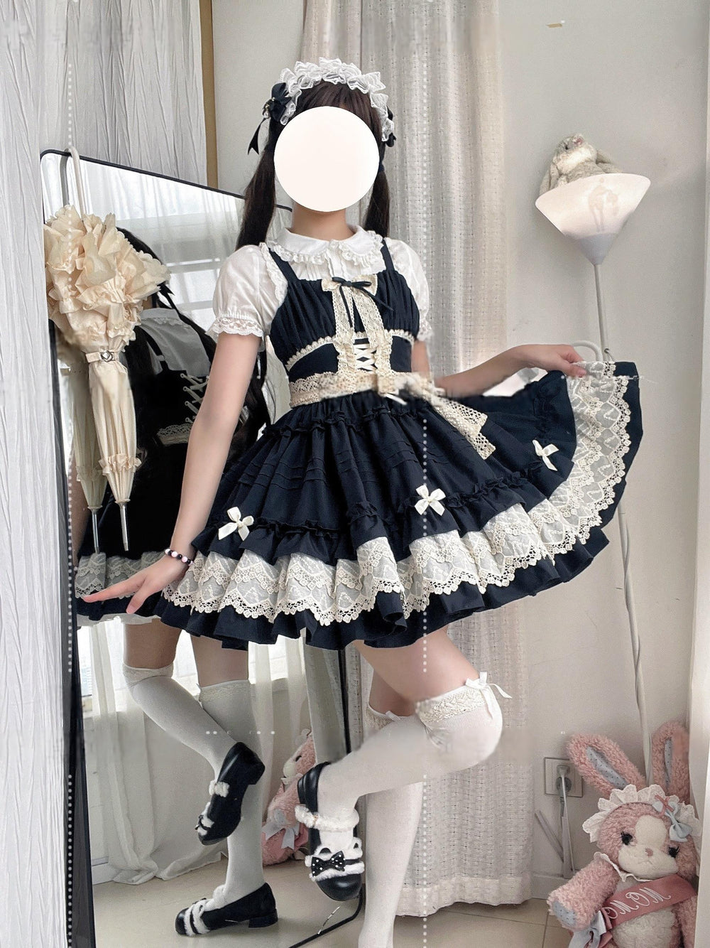 Qianmu~Vivian~Sweet Lolita JSK Doll Lolita Tiered Ruffles Dress Black JSK + Waistband S