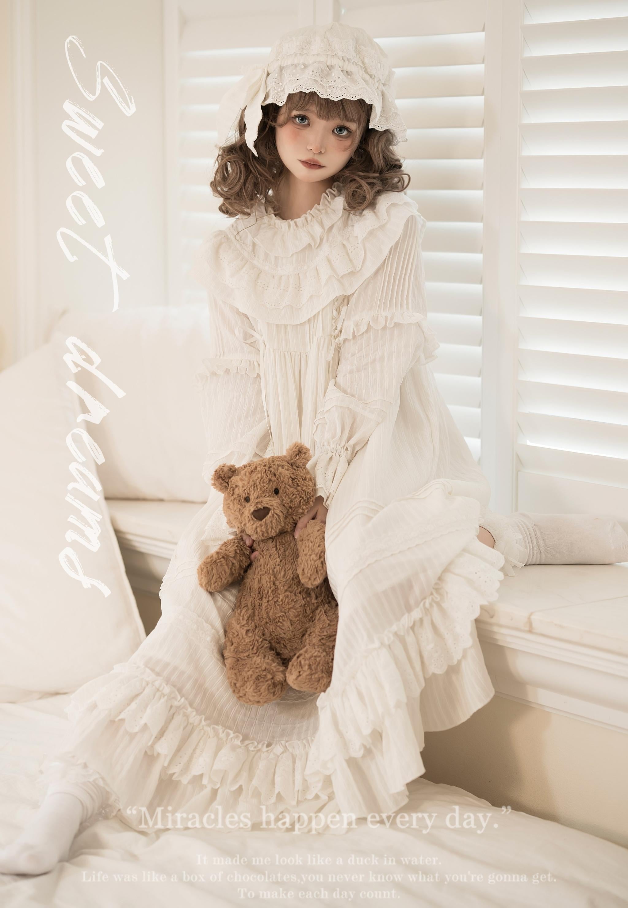 White Goodnight - Doll-like White Long Lolita OP with Ruffles (L M S XS) 45535:852395