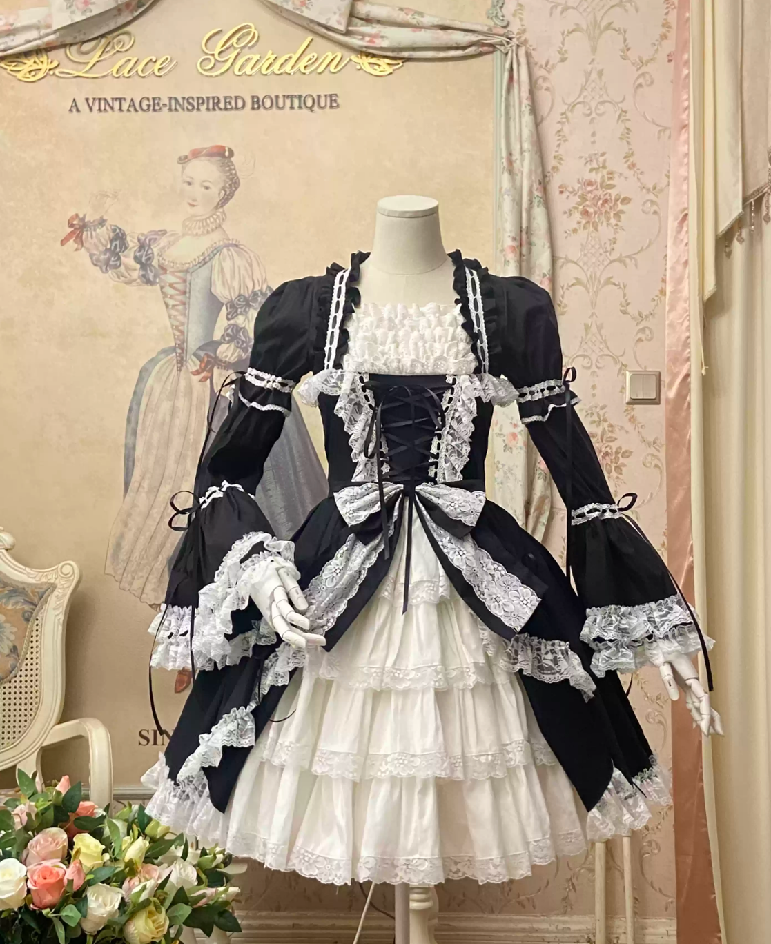Lace Garden - Miss Rella - Vintage Retro Lolita OP Dress, Custom Sizes Black and White XS