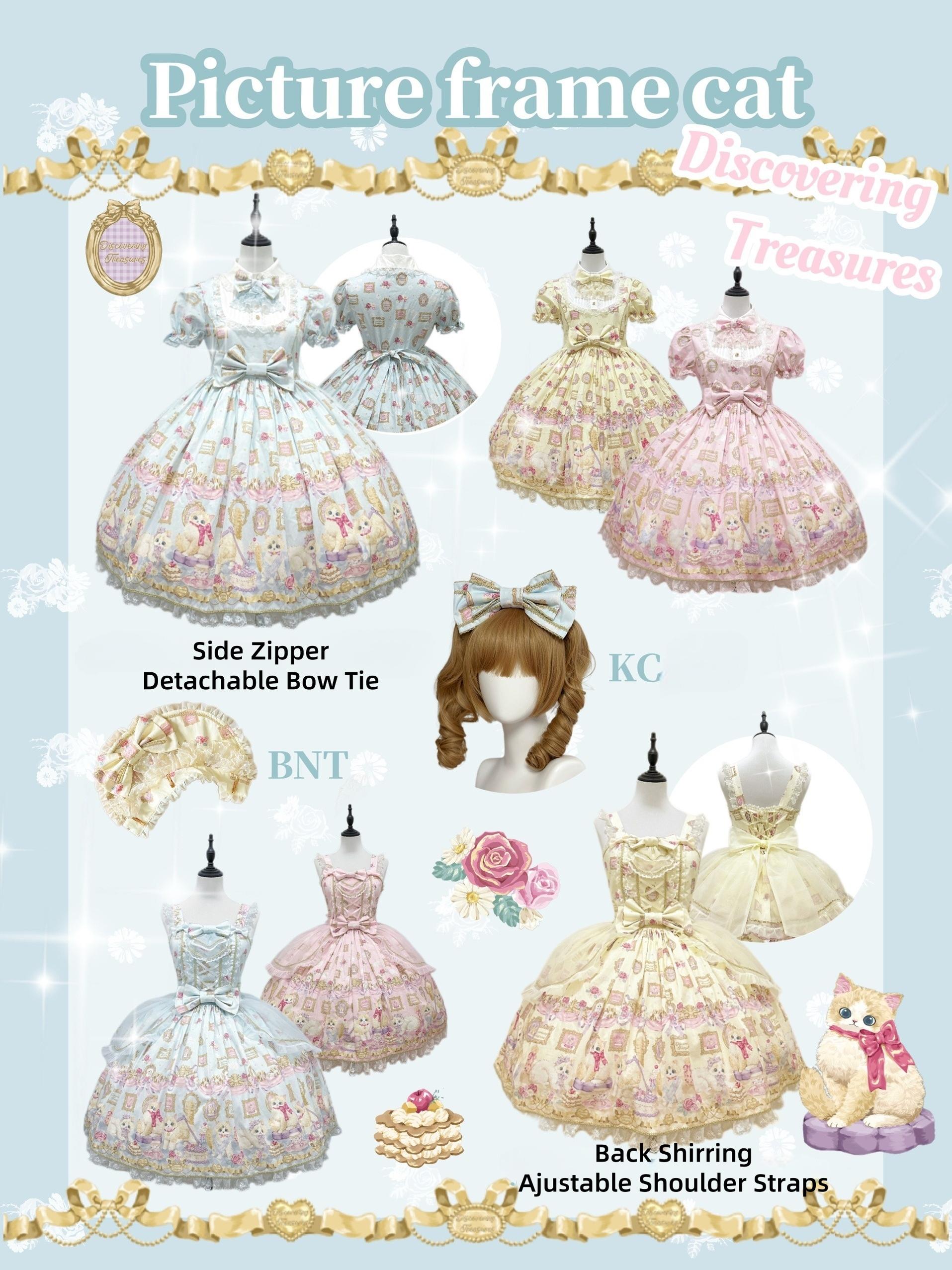 Discovering Treasures - Picture Frame Cat - Kawaii Lolita Dress Suit Cat Print JSK and OP 42605:746465