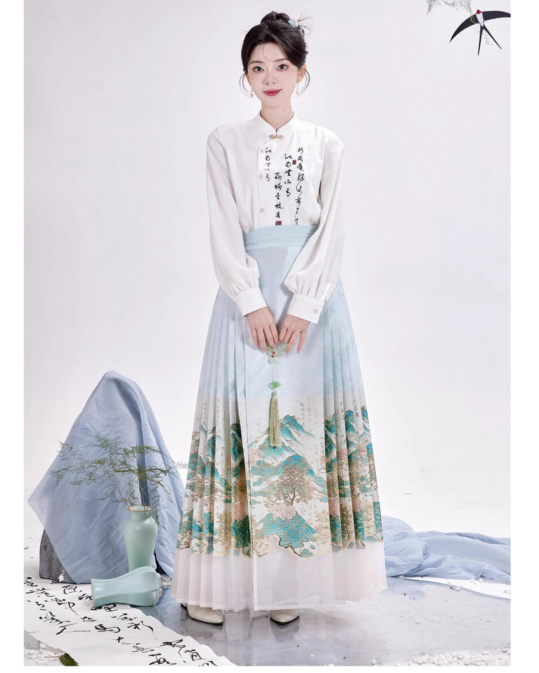 Chixia~Chinese Symbol of Misty Landscape~Han Lolita Skirt Printed Blouse and Floral Horse-Face Skirt   