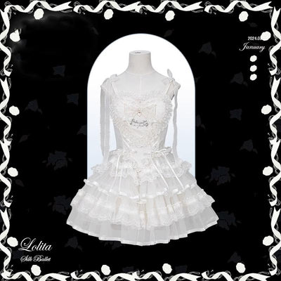 Flower and Pearl Box~Silk Ballet~Wedding Lolita JSK Dress Princess Ballet Dress XS Short JSK (White) 