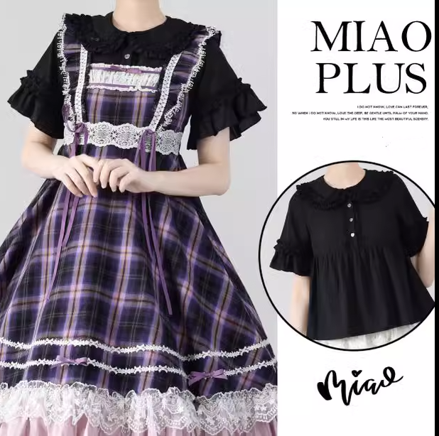 Miaoplus~Sweet Lolita Plaid JSK Multicolors short sleeve shirt S black-purple plaid long type free size 