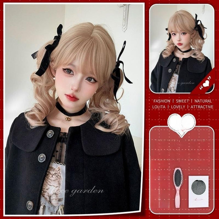 Alicegarden~Doll-like Lolita Bob Wig with Detachable Curly Ponytail Golden - BOBO Wig+2 Ponytail Clips+Pink Steel Comb+Hair Net