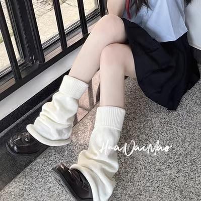 Hua Nai Cat~Winter Lolita Knit Leg Warmer Mid-Calf Socks Free size Milk White - 50cm with elastic and roll rim 