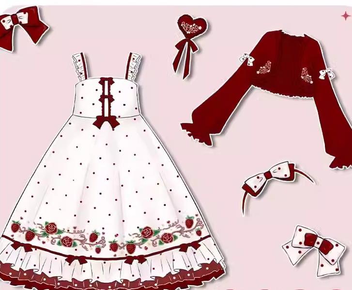 Forest Fluorescent Carps~Strawberry Diary~Sweet Lolita JSK Dress Strawberry Print   