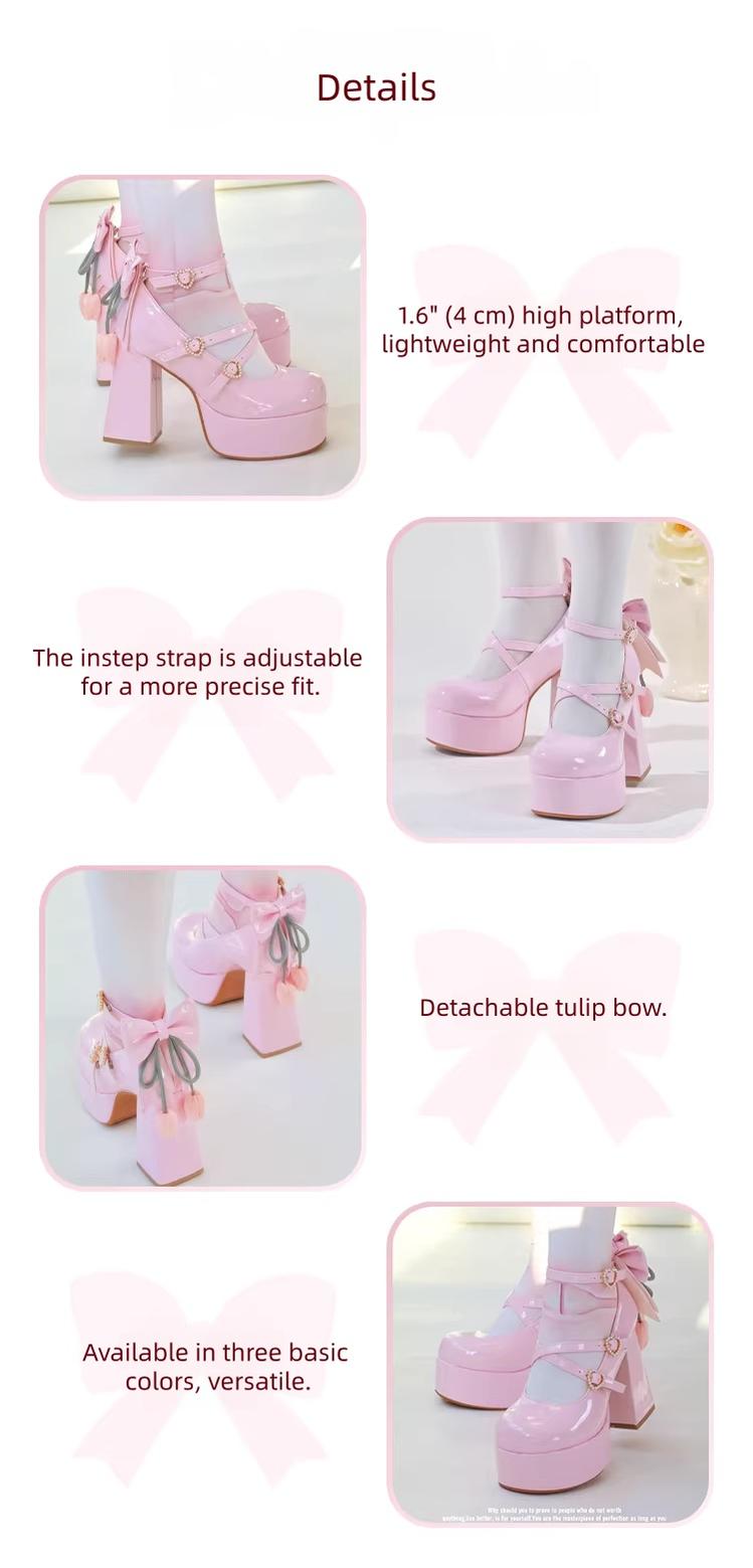 Whispering Tulip - Classic Lolita Heel Shoes, Detachable Tulip Bow 44633:816777
