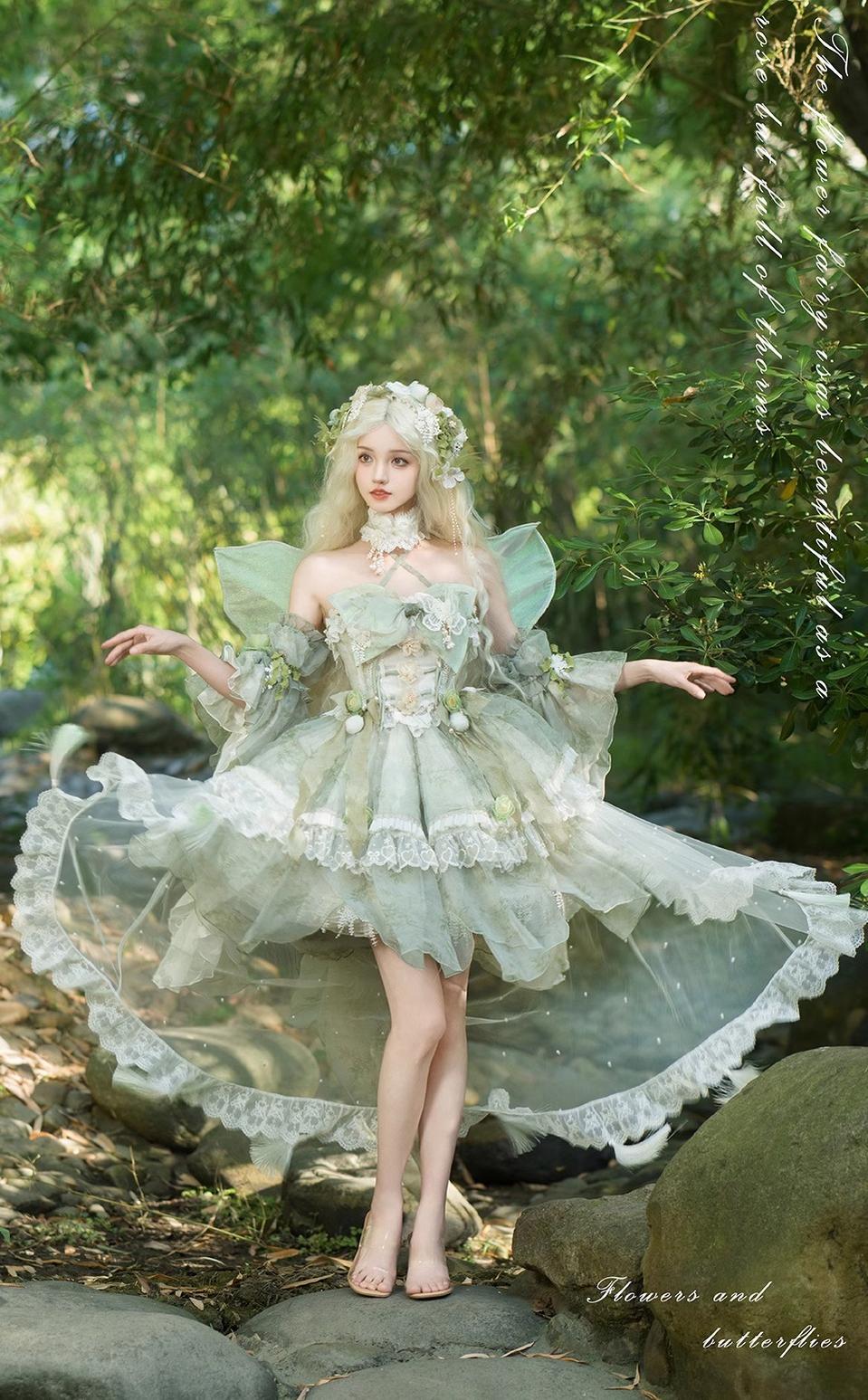 (BFM)Bramble Rose~Butterfly Love Dream~Sweet Lolita SK Full Set Butterfly Theme Gorgeous Dress S Grass Green Fullset 