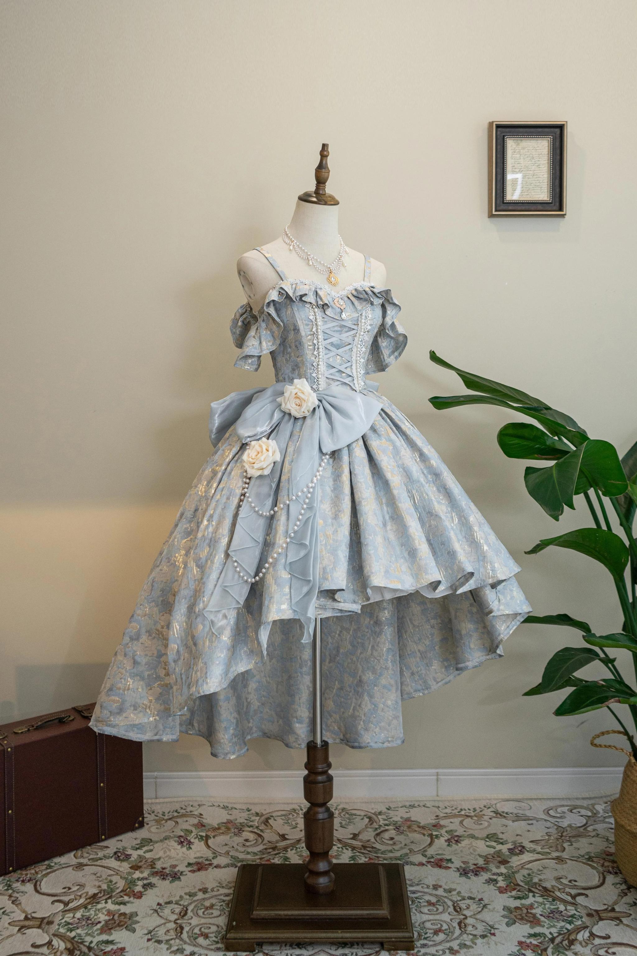 Nectarine White Tea - Rossia Salutes - Embossed Jacquard, Rose Accent, Bridal Wedding Lolita JSK Dress Short Length - Single JSK XS