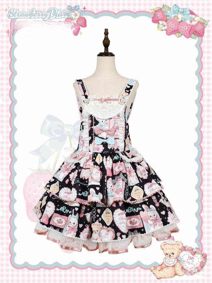 LittlePlum~Showa Strawberry Diary~Sweet Lolita Dress Outfit Printed Showa Era JSK Set Salopette Dress - Black x Pink Only S