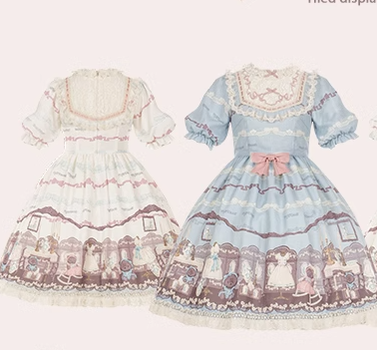 With Puji~Brown Doll House~Kawaii Lolita Brown Print JSK and OP Dress   