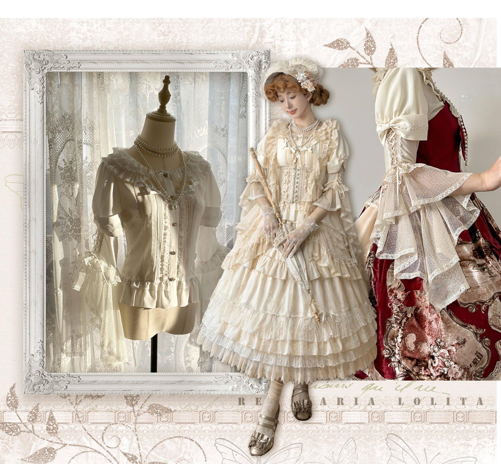 Butterfly Shadow - Elegant Lolita Hime Sleeve Blouse, Rose & Butterfly Button