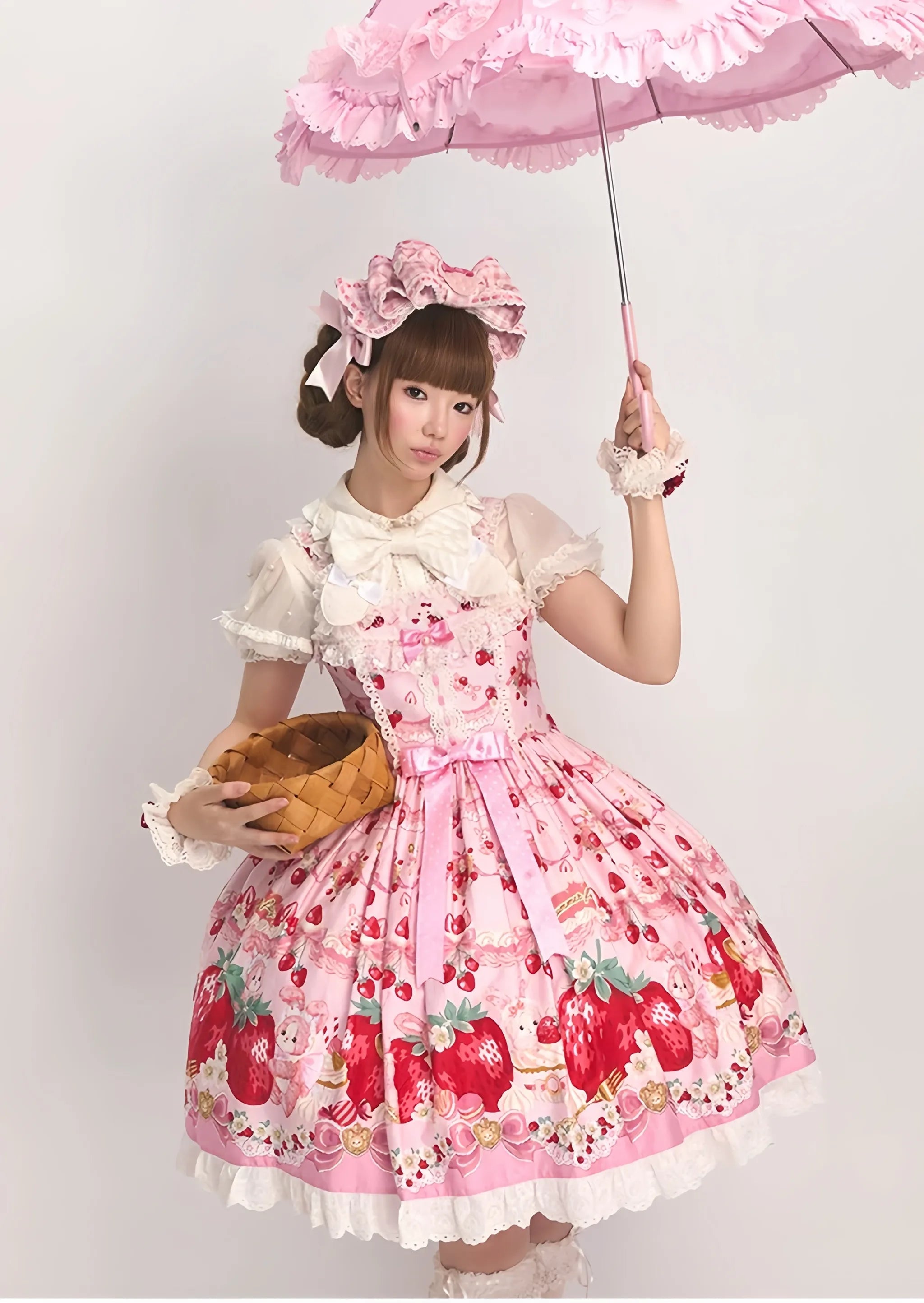 Strawberry Momo Party - Sweet Lolita OP and JSK, Strawberry Print and Cake Embroidery 45548:853271