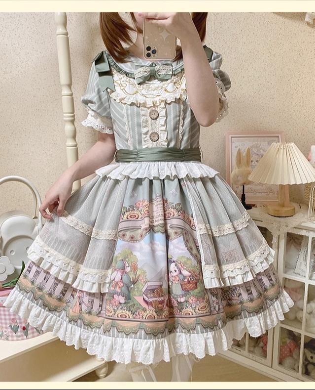 Honey Machine~Sunflower Rabbit~Kawaii Lolita OP Set with Bunny Prints and Hairband