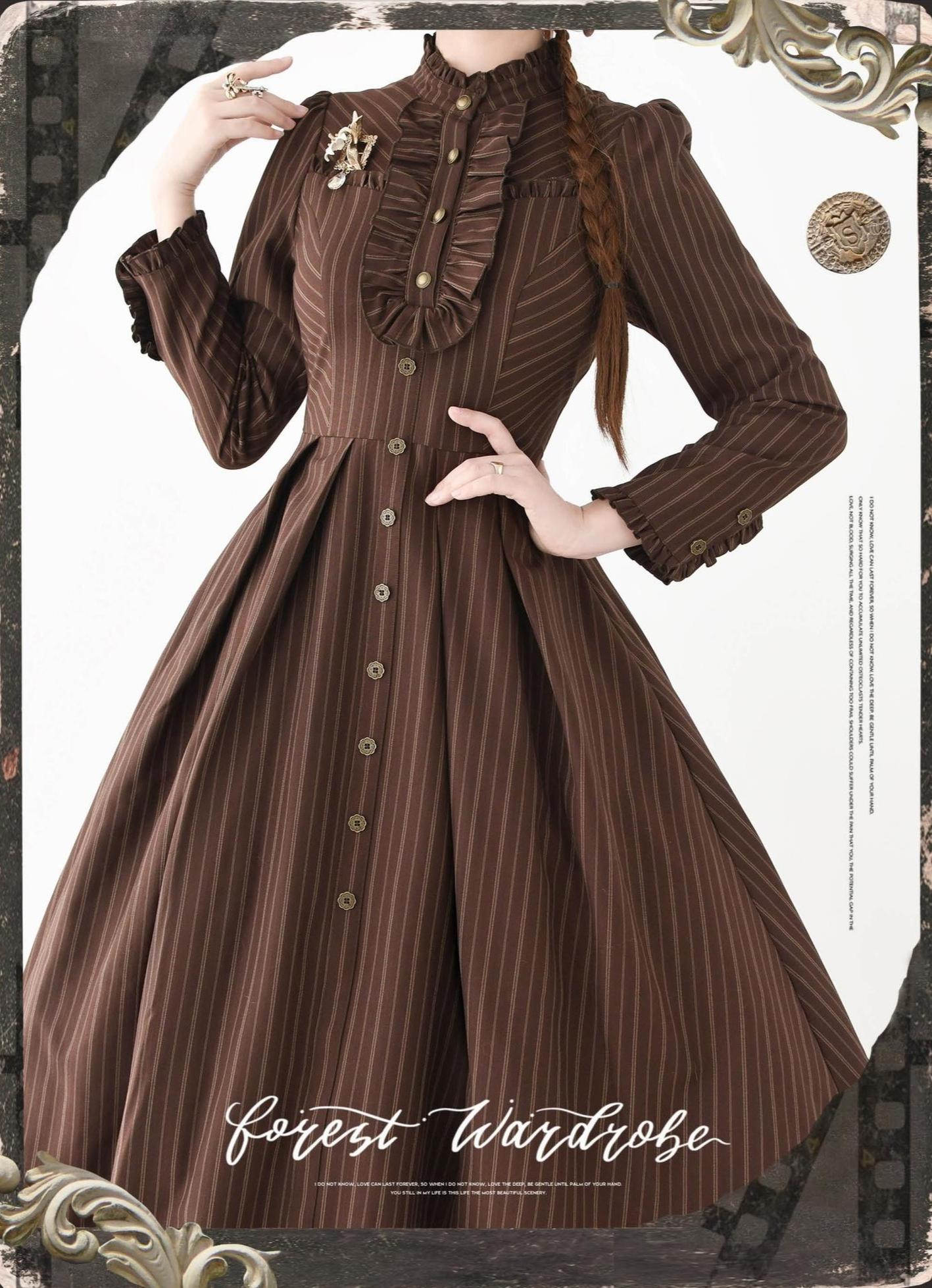 Forest Castle - Classic Lolita Long Striped Dress, Irregular Hem Vest 44441:809891