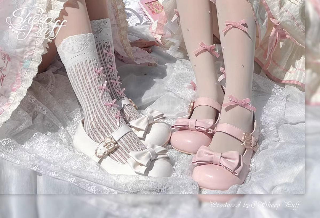 Sheep Puff~Hug Bear~Sweet Lolita Heel Shoes Bear Metal Buckle Bow Shoes   