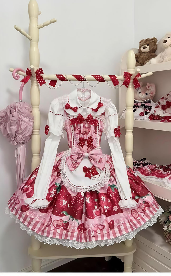 Mengfuzi~Strawberry~Sweet Lolita White Shirt with Detachable Sleeves