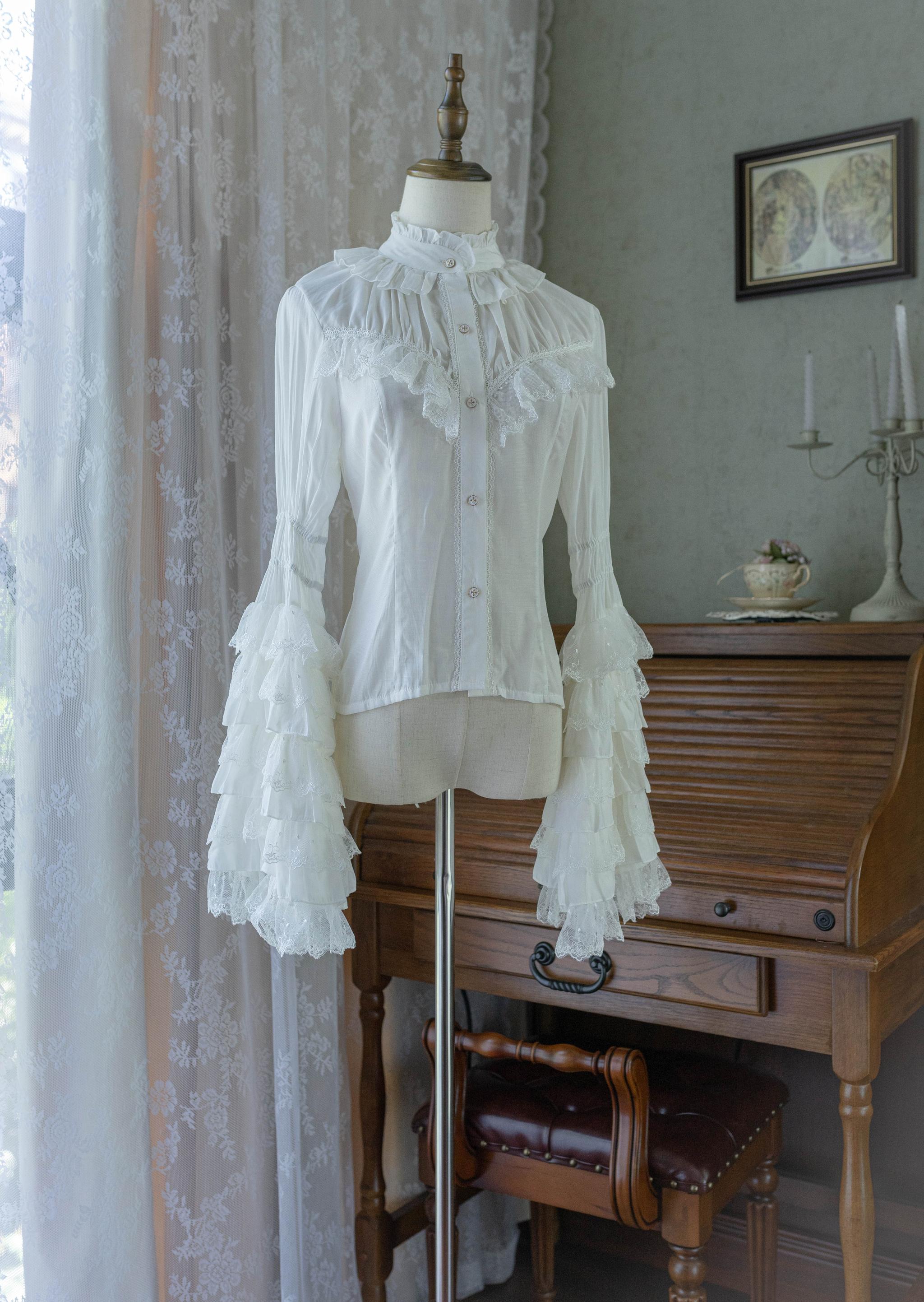 Dark Night - Gothic Lolita Hime Sleeve Blouse, Detachable Jabot White Blouse (rayon version) XS