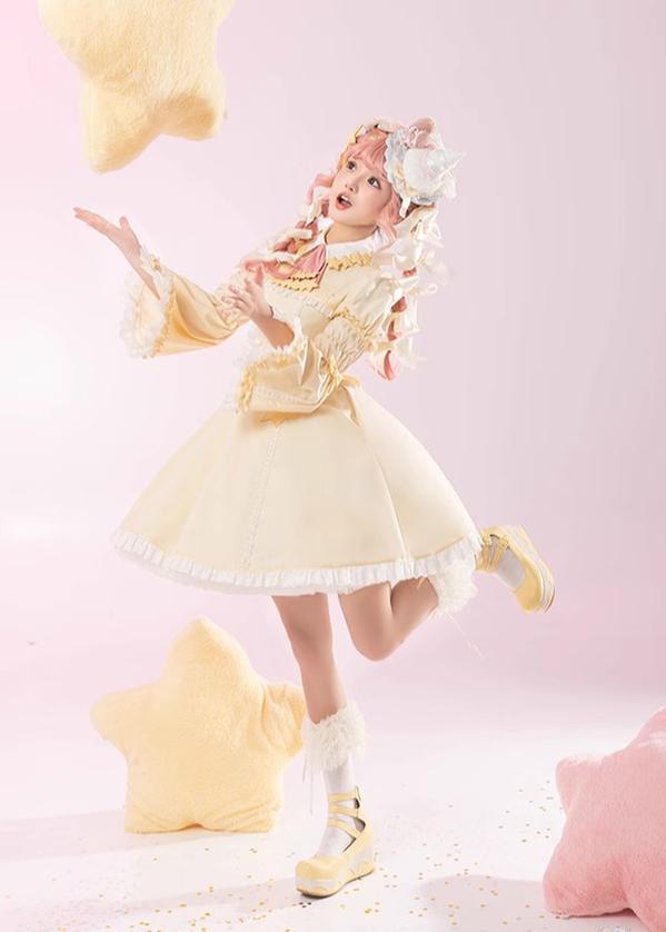 Summer Fairy~Sakura Collab Series~Yellow Lolita OP Dress Star Print   