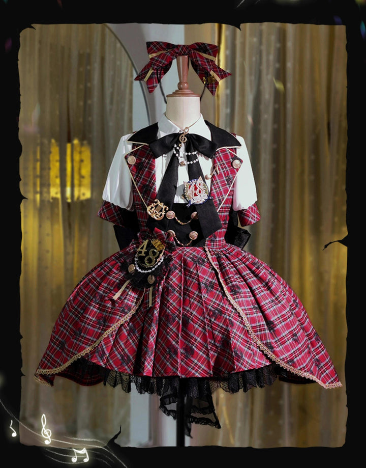 Forest Fluorescent Carps~IP Collab Sweet Lolita Performance Outfit Red Plaid JSK Full Set   